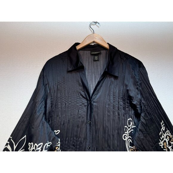 Lane Bryant Button Front Blouse Womens 26/28 Black Floral Top Flared Sleeves Y2K - Picture 2 of 11